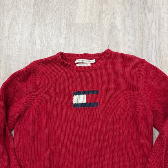 Vintage Tommy Hilfiger Sweater Women's Extra Large XL Red Knit Flag Crewneck y2k - Picture 2 of 7